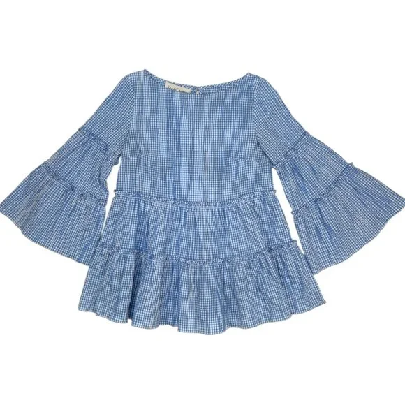 Sara Campbell Ruffle Tiered Tunic Top Blouse S Blue Gingham Bell Sleeve - Picture 14 of 14